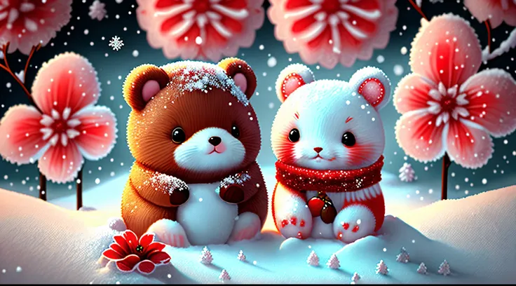 It snows in winter，Little bunny and puppy bear inside the snow，The puppy bear gave the little rabbit a small red flower，Both little animals are a little happy and shy