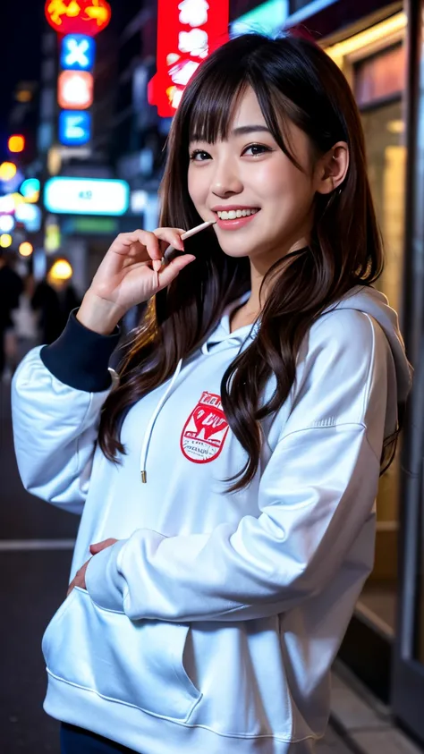 Best-quality, Masterpiece, Ultra-High-Resolution, (Photorealistic:1.4), Raw-Photo, Extremely-Details, Perfect-Anatomy, Ultra-Detailed, 

1girl, 16-years-old, the most famous Japanese idol, laughing out loud, in Tokyos main street at midnight, completely dr...