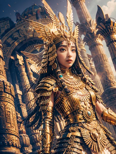 Arafed woman in a white dress and golden wings stands in front of a large arch, Android girl in Egyptian ruins, Ancient goddess, goddess. Extremely high detail, Beautiful Cleopatra, Unreal Engine Rendering + a Goddess, Egyptian Princess, Egyptian God, Egyp...