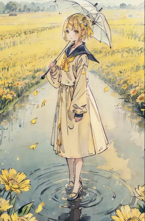 yellow flower、yellow  hair、flower  field、sateen、umbrellas、puddle、reflectors、a sailor suit