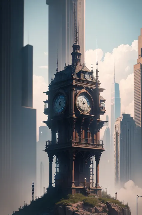 Steampunk Clock tower in Cyberpunk world, Sci-Fi, futuristic, ultra-wide-angle, octane render, enhance, intricate, (best quality, masterpiece, Representative work, official art, Professional, unity 8k wallpaper:1.3)