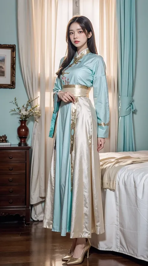 A woman in oriental clothing stands in a room with decorations,long  skirt,Full body photo，in a panoramic view， Light sky blue and light emerald style, Cute and dreamy,light beige and, retro academia, elegant clothing, white and emerald green, Light white ...