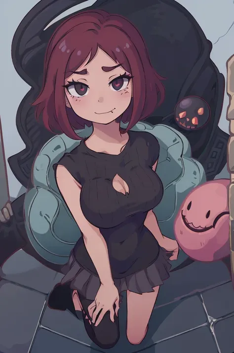 Young girl with short red hair wearing a black top, smirk, black lipstick, gothic, big breasts, full body view, tileset, game asset, wakfu style, dofus, rpg maker, rpg maker mv, high saturation, pixelart