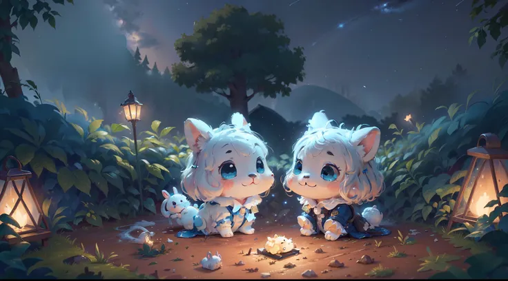 (Best quality at best,4K,8K,A high resolution,tmasterpiece:1.2),ultra - detailed,(actual,realisticlying,Photorealistic:1.37),A little white rabbit under the stars at night，adolable，Overall tone blue，Dark light