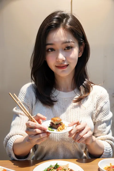 Girl eating delicious food with chopsticks in hand，Bright smile，lamb decoration，Circle diagram as avatar