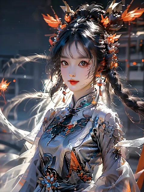 1 girl, Chinese_clothes, liquid silver and orange, cyberhan, cheongsam, cyberpunk city, dynamic pose, detailed luminous headphones, glowing hair accessories, long hair, glowing earrings, glowing necklace, cyberpunk, high-tech city, full of mechanical and f...