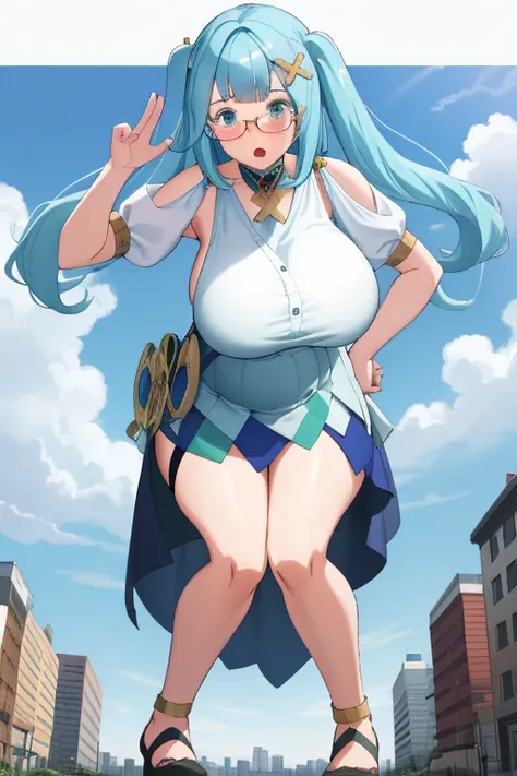 Giant maiden，Moe two-dimensional style，Pregnancy status，Round belly，Huge breasts, Gaze at the bustling city, Looking at viewer, Standing, Leaning back, Burp, Bouncing breasts, Glasses, Embarrased, Full body