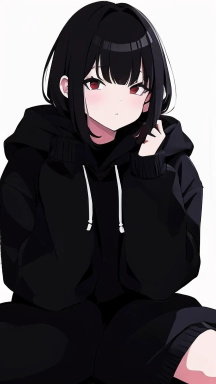 Gothic girl sitting alone in a dimly lit bedroom, her gloomy expression、highlighted by a dark atmosphere.、he is wearing a hoodie that hides part of his face., And her outfit is、amplify the desolate air. short dark hair, Add an element of mystery to her app...