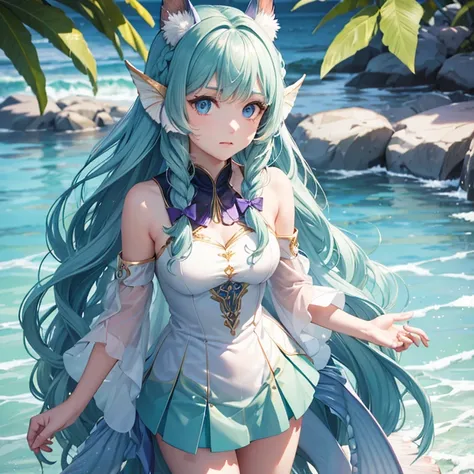 ( detailed face) mermaid Single female with legs. Fish fin ears(Dark green) wavy hair( braided ). Standing up (facing forward).  Blue eyes. White purple clothes. Shell hair ornaments