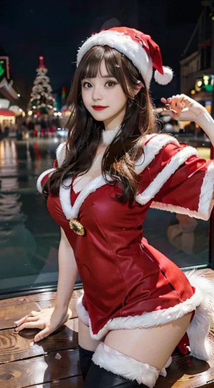 1 japanese girl, Looking at the snowy amusement park, Young woman in Santa Claus costume standing with legs apart, Married woman, 摩洛解放阵线, mature, Huge amazing goddess shot, Japan goddess, Very and sexy, powerful and huge, jaw-droppingly beautiful, Japan go...