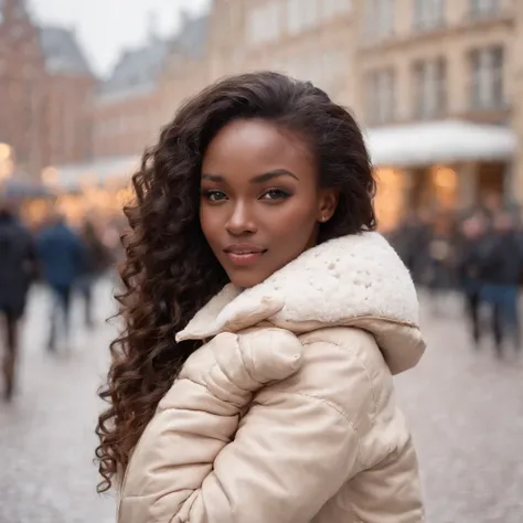 ((Dark African skin, Very deep ebony skin)), ((Its beauty  undeniable)), ((Excited cute face)), ((Hyper detailed perfect eyes,)), ((pose mignonne)), ((Langue sortie)), ((Seductive )), sexy, ((beige warm winterjacket, jeans, shopping bags)), ((Afro ponytail...