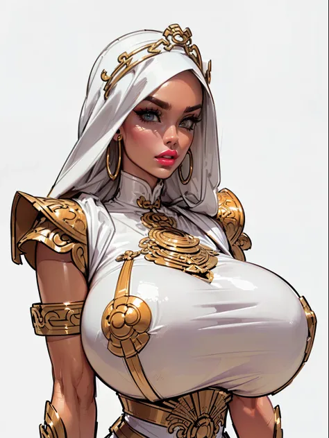 ((Side view:1.4)), ((masterpiece)),(((best quality))), ((futuristic empress, mature face, ((middle eastern eyes:1.4)), ((gold futuristic gown)), (((intricate futuristic breastplate))), defined cheekbones, high cheekbones, intricate lingerie, bear aesthetic...