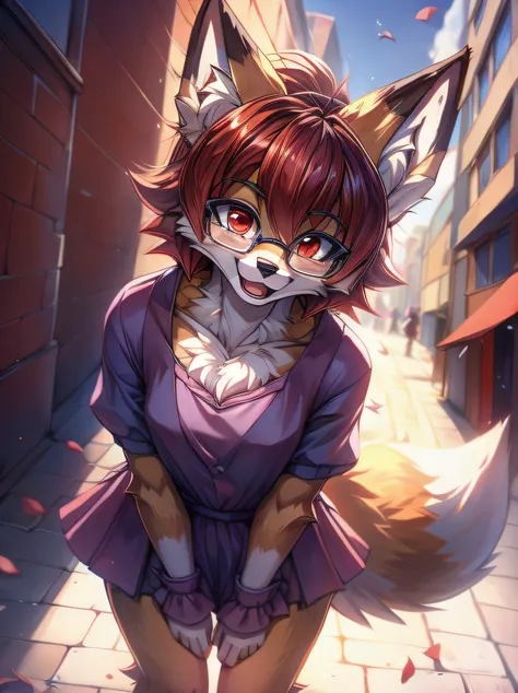 fox furry girl with short red hair, fluffy hair shy, beautiful red eyes, wearing glasses,  very  fluffy tail, small chest, bow i...