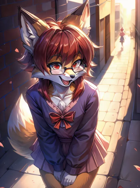 fox furry girl with short red hair, fluffy hair shy, beautiful red eyes, wearing glasses,  very  fluffy tail, small chest, bow i...