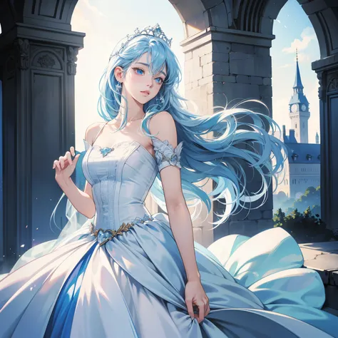 Masterpiece, high quality, best quality, HD, realistic, perfect lighting, detailed body, 1 woman, perfect eyes, long hair, light blue Hair, glowing, white blue princess Dress, castle background.