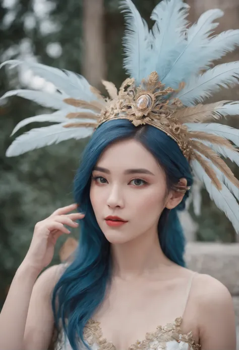 There is a blue hair，Woman with feathers on her head, fantasy photoshoot, glamourous , girl with feathers, elegant glamourous , Alice X. zhang, fantasy character photo, Guviz-style artwork, Shot on Canon EOS R 6, Ruan Jia and Artgerm, by Yang J, Gorgeous R...