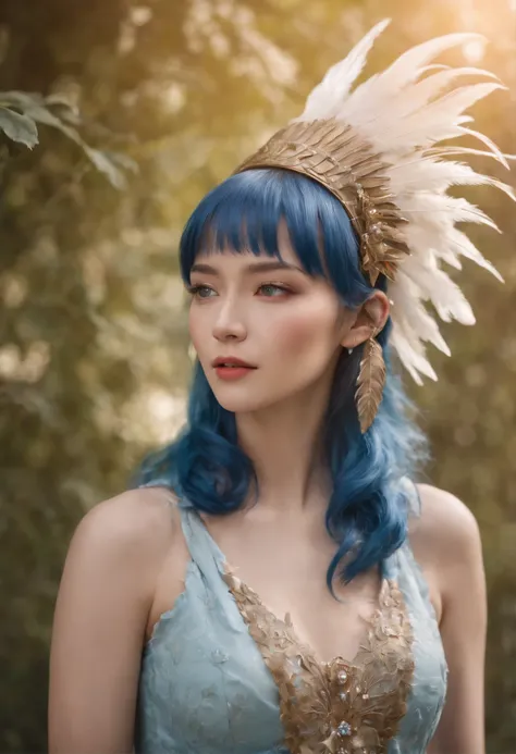 There is a blue hair，Woman with feathers on her head, fantasy photoshoot, glamourous , girl with feathers, elegant glamourous , Alice X. zhang, fantasy character photo, Guviz-style artwork, Shot on Canon EOS R 6, Ruan Jia and Artgerm, by Yang J, Gorgeous R...