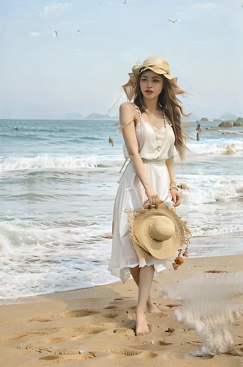 Couple wearing straw hats walking on the beach, With a straw hat, white sundress, Wearing a straw hat, Skinny girl wearing white boho dress in white fashion clothing, gorgeous young korean woman, wears a white dress, beautiful young korean woman, beautiful...