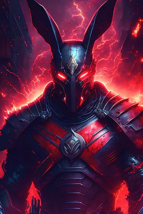 gloomy portrait of Iron rabbit Horseman of the Apocalypse from Marvel, extremely detailed, futuristic cityscape, nighttime, glowing neon lights, smoke, sparks, metal shavings, flying debris, red energy effects, volumetric light, high saturation