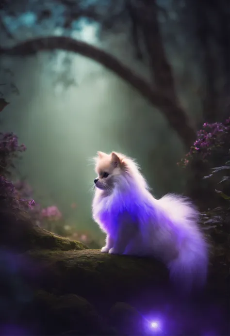 Transparent and ethereal alien Pomeranian long-haired cat，Glows blue-purple light，Glow effects，the night，中景 the scene iull body like， highly detailed surreal vfx，oc rendered，Shoot with 70 mm - AR