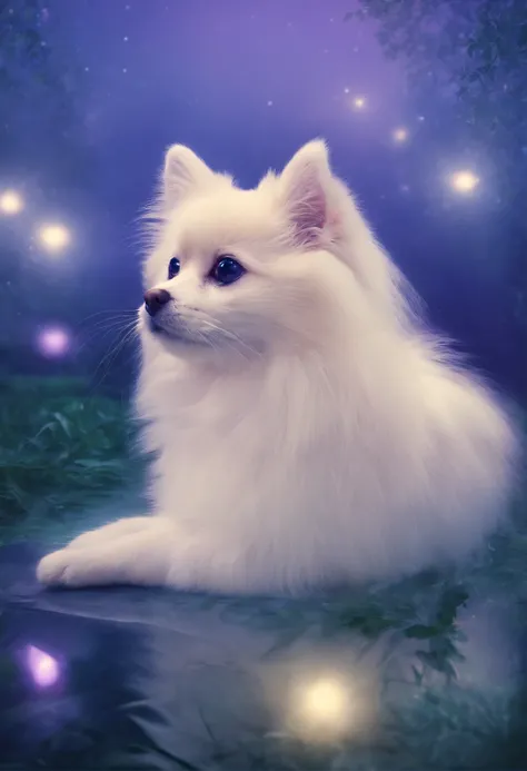 Transparent and ethereal alien Pomeranian long-haired cat，Glows blue-purple light，Glow effects，the night，中景 the scene iull body like， highly detailed surreal vfx，oc rendered，Shoot with 70 mm - AR