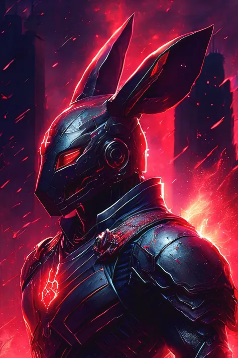 gloomy portrait of Iron rabbit Horseman of the Apocalypse from Marvel, extremely detailed, futuristic cityscape, nighttime, glowing neon lights, smoke, sparks, metal shavings, flying debris, red energy effects, volumetric light, high saturation