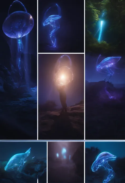 Transparent ethereal alien creatures，Glows blue-purple light，Glow effects，the night，中景 the scene iull body like， highly detailed surreal vfx，oc rendered，Shoot with 70 mm - AR