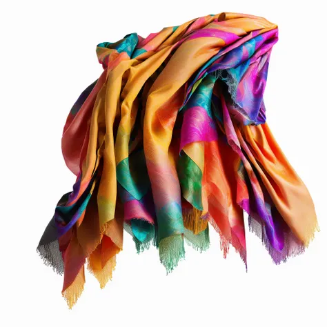 Colorful scarf with tassels on black background, flowing realistic fabric, abstract cloth simulation, Silk flutters in the wind, Cloth simulation using Houdini, flowing neon filaments, beautiful flowing fabric, Big cloth, Colorful torn fabric, Dressed in c...