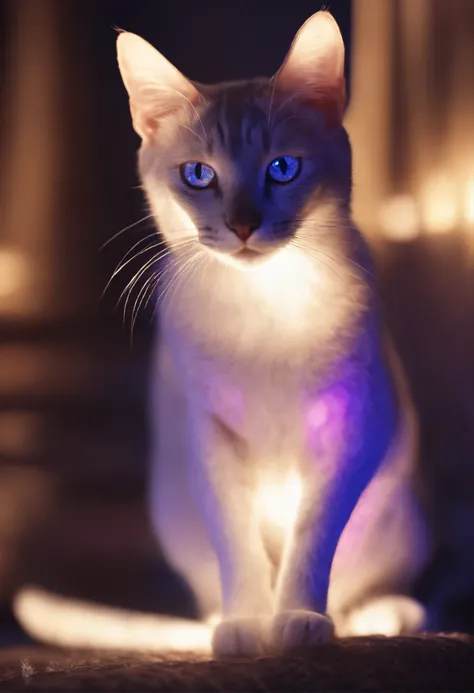 transparent ethereal cat，cleanness，，Emits blue-violet light，glowing effect，natta，My body is like medium shot， Highly detailed and ultra-realistic visuals，oc rendered，Shot using 70mm-AR