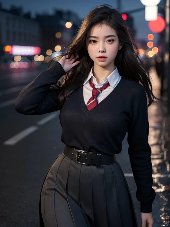 Best quality, masterpiece, ultra high res, (photorealistic:1.4), raw photo, (perfect body shape), dynamic pose, 1girl, waist up, solo, school uniform, in the dark, night, on the street, deep shadow, low key, cold light 12000K