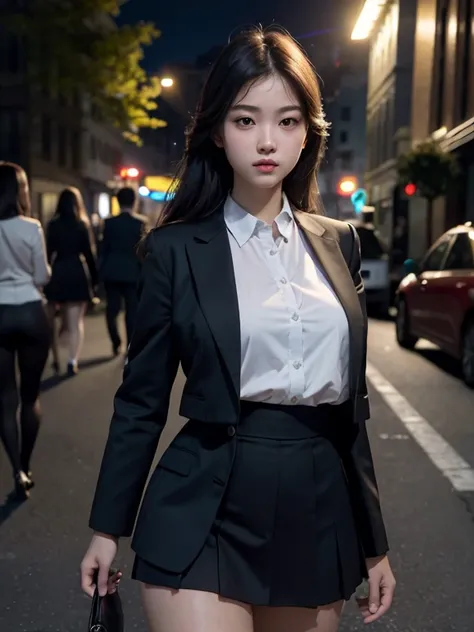 Best quality, masterpiece, ultra high res, (photorealistic:1.4), raw photo, (perfect body shape), dynamic pose, 1girl, waist up, solo, school uniform, in the dark, night, on the street, deep shadow, low key, cold light 12000K