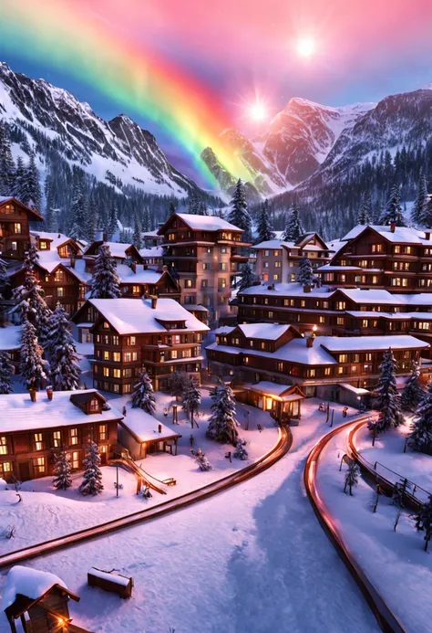 This is a hyperrealistic CG rendering of a Swiss town. Rainbow colored aurora in the sky shining on the snow, The aurora is like a phoenix swooping down, shuttle trains, snow scenes, snowflakes, lighting effects and countless shining stars in the sky, Vray...