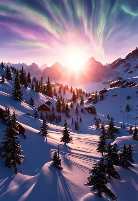 This is a surreal CG rendering of a Swiss town。Iridescent auroras shine in the sky on the snow，The aurora swoops down like a phoenix，shuttle train，snow landscape，snowflower，Lighting effects and countless shining stars in the sky，Vray rendering，high detal，R...