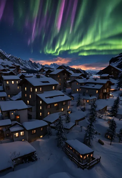 This is a surreal CG rendering of a Swiss town。Iridescent auroras shine in the sky on the snow，The aurora swoops down like a phoenix，shuttle train，snow landscape，snowflower，Lighting effects and countless shining stars in the sky，Vray rendering，high detal，R...