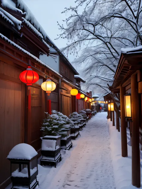 Lanterns hang on the streets，There is snow on the ground, Dream China Town, Chinese, China Village, Snowy winter, Snow covered colorful red, blanketed in a mantle of snow, perfect lighting in a snow storm, nevando, Red lanterns, Winter in the snow, Snow in...