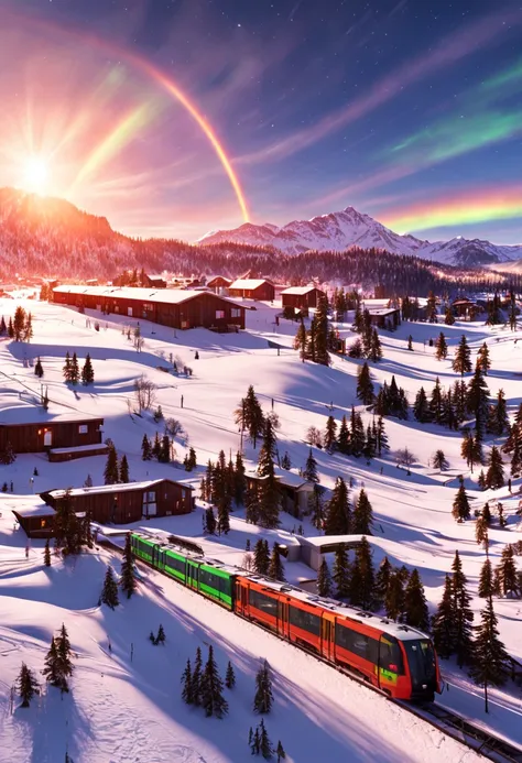 This is a hyper-realistic CG rendering of a Swiss town。Rainbow-colored aurora shines in the sky over the snow，Aurora swoops down like a phoenix，Shuttle trains，snow landscape，snowflower，Light effects and countless shining stars in the sky，Vray rendering，hig...