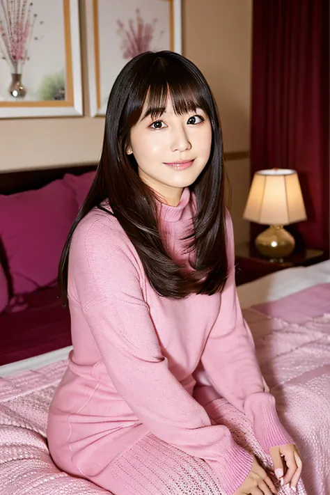 A Japanese Lady、Beautiful fece、20yr old、Glossy skin、The shining eyes are big、pink tight knit dress、Long sleeve knit、a miniskirt、eyes large、dual、Black hair、I have bangs、length hair、room at night