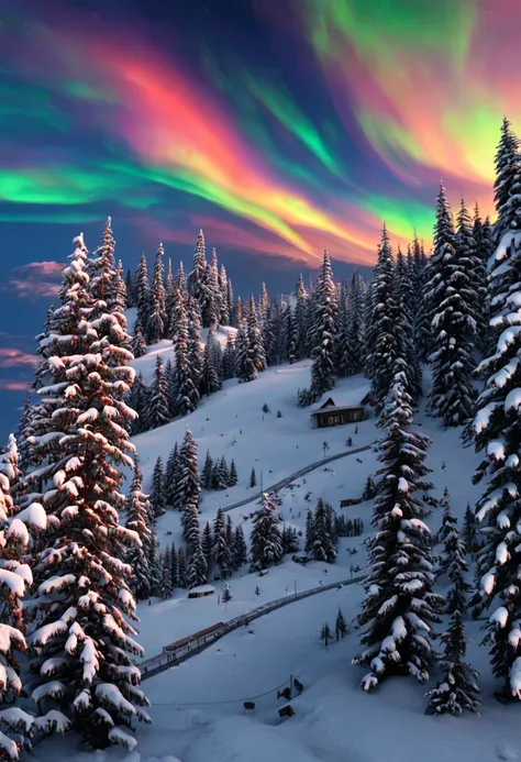 This is a hyper-realistic CG rendering of a Swiss town。Rainbow-colored aurora shines in the sky over the snow，Aurora swoops down like a phoenix，Shuttle trains，snow landscape，snowflower，Light effects and countless shining stars in the sky，Vray rendering，hig...