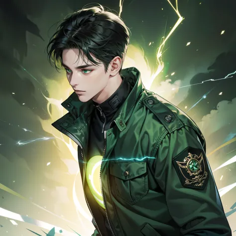 Masterpiece, high quality, best quality, HD, realistic, perfect lighting, detailed body, 1 man, perfect eyes, cut hair, black Hair, glowing, green light jaket, green lightning background