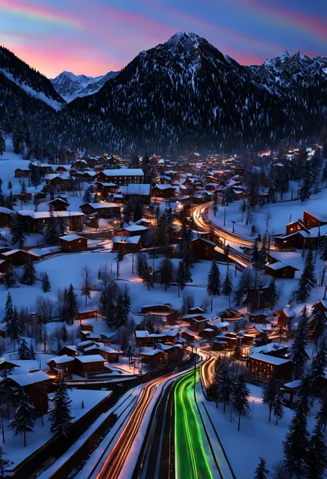 This is a hyper-realistic CG rendering of a Swiss town。Rainbow-colored aurora shines in the sky over the snow，Aurora swoops down like a phoenix，Shuttle trains，snow landscape，snowflower，Light effects and countless shining stars in the sky，Vray rendering，hig...