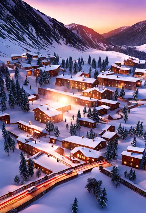 This is a hyper-realistic CG rendering of a Swiss town。Rainbow-colored aurora shines in the sky over the snow，Aurora swoops down like a phoenix，Shuttle trains，snow landscape，snowflower，Light effects and countless shining stars in the sky，Vray rendering，hig...