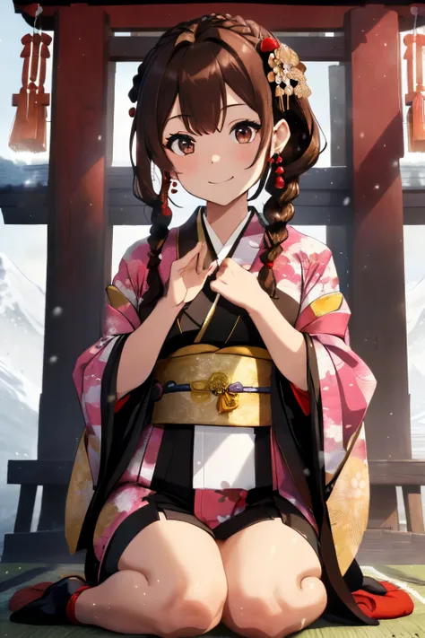 ((Brown hair)),((Braided shorthair)),((With black eyes)),Slight red tide,(Luxurious furisode:1.5),(Kimono:1.25),(fluffy cloak),(stylish five finger gloves:1.2),(First visit to black short boots),(shrines:1.2),(Watch with a smile),(Worship at the shrine:1.2...