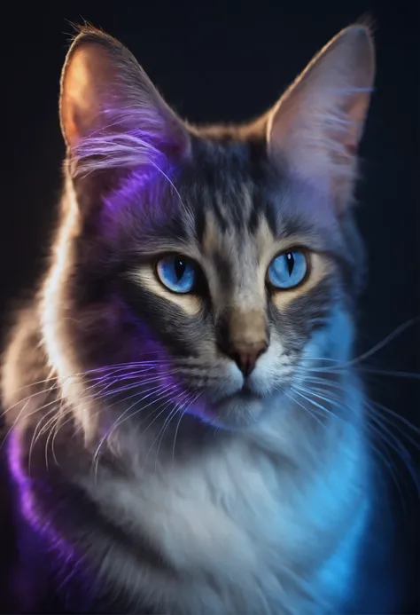 （（（transparent ethereal cat））），cleanness，，Emits blue-violet light，glowing effect，natta，Pure black background， Highly detailed and ultra-realistic visuals，oc rendered，Shot using 70mm-AR