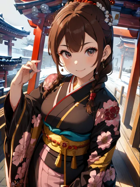 ((Brown hair)),((Braided shorthair)),((With black eyes)),Slight red tide,(Luxurious furisode:1.5),(Kimono:1.25),(fluffy cloak),(stylish five finger gloves:1.2),(First visit to black short boots),(shrines:1.2),(Watch with a smile),(Worship at the shrine:1.2...