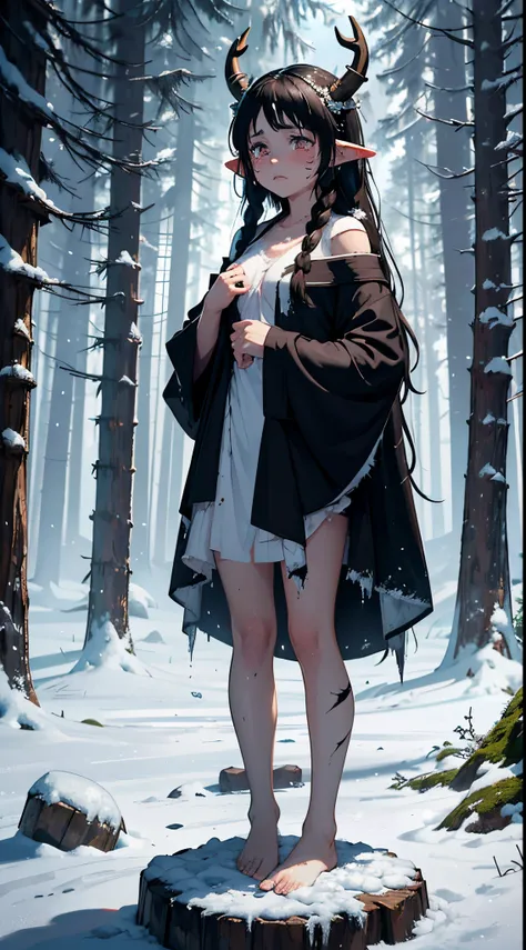 masterpiece, 1girl, a cute girl, with long black messy hair, ((strange scar on face:1)), cute face, deep black eyes, ((horned:0.9)), ((goatee ears)), stand on snow, barefoot, ripped clothes robe, ((crying face)), forest background, broken exposition, focus...