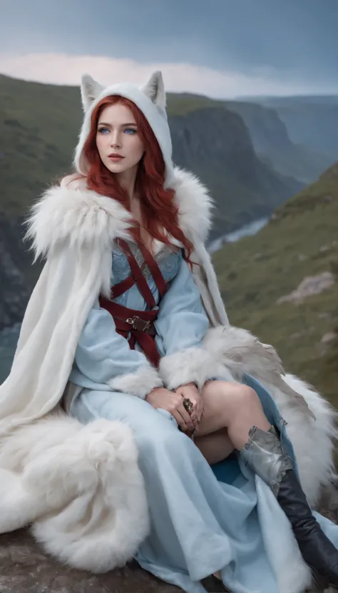 (A cold woman in an  shooter costume sits on the edge of an  cliff,Archer with  bow:1.2),(Red hair: 1.5),(Blue fluffy hood,blue colored eyes,White hair,Delicate and beautiful face:1.3),Fine and perfect anatomy,dynamicposes,snowy day,Fantasyart,There is a w...