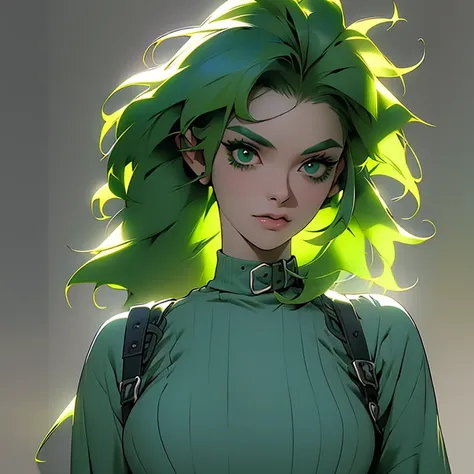 Arafed woman with green hair and blue sweater, short green hair, Short green lynx, messy short green hair, green hair, bright green hair, she looks like a mix of grimes, wavy green hair, Hair, with broccoli hair, resembling a mix of grimes, looks like a mi...