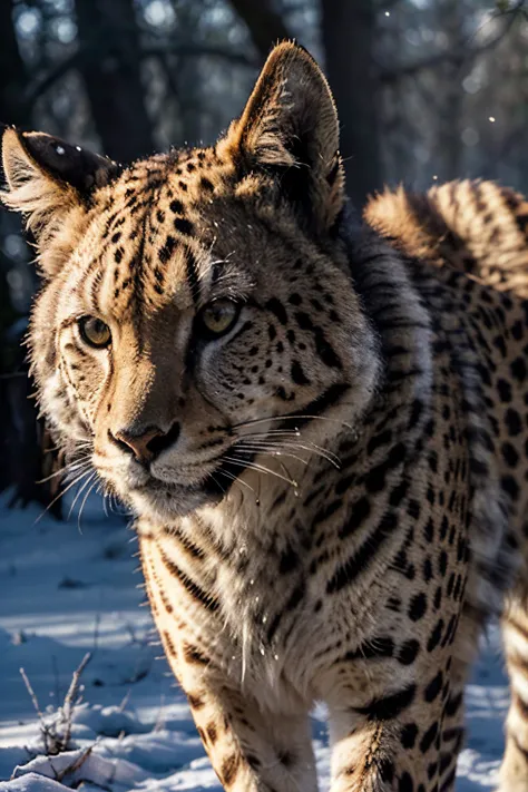 ((Film grain, bokeh, light particles ,Dust, Extreme camera angle)), cheetah In female human form, Leader of the Pack, Alpha male, fur, A Proud Position, piercing eyes, Majestic presence, A sense of power, desert, Moon Forest, howling, Packaging dynamics, u...