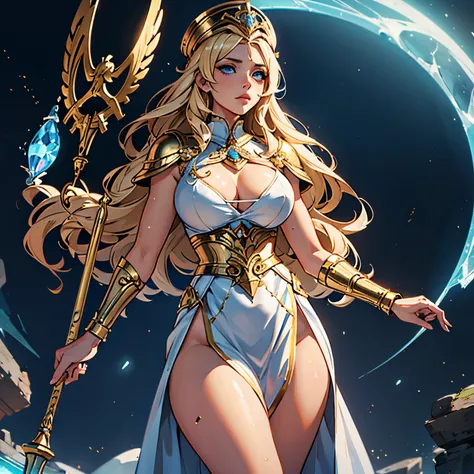 (Masterpiece), (Ultra detailed), Greek mythology, Goddess Athena, blonde, long golden hair, illuminated blue eyes, a woman in a wet transparent sexy white Greek dress, wide hips, tight breasts, no underwear, tight pussy. Sensual, orgasm, she wears a bronze...