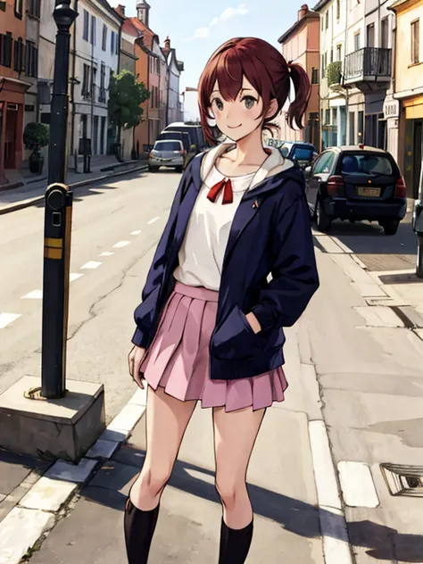 Best quality at best, detailedbackground, girl, ,euro_the street, Random_wearing short skirt